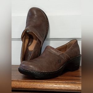 Born women's 7.5 brown leather wedge mule shoes slip-on comfort vintage clogs